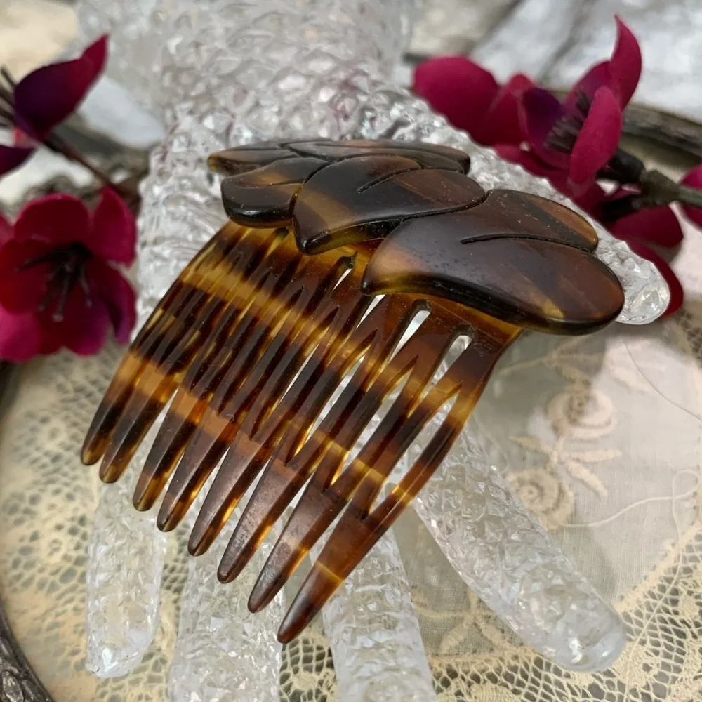 Vintage Signed France Faux Carved Tortoise Shell Celluloid Designer Hair Comb